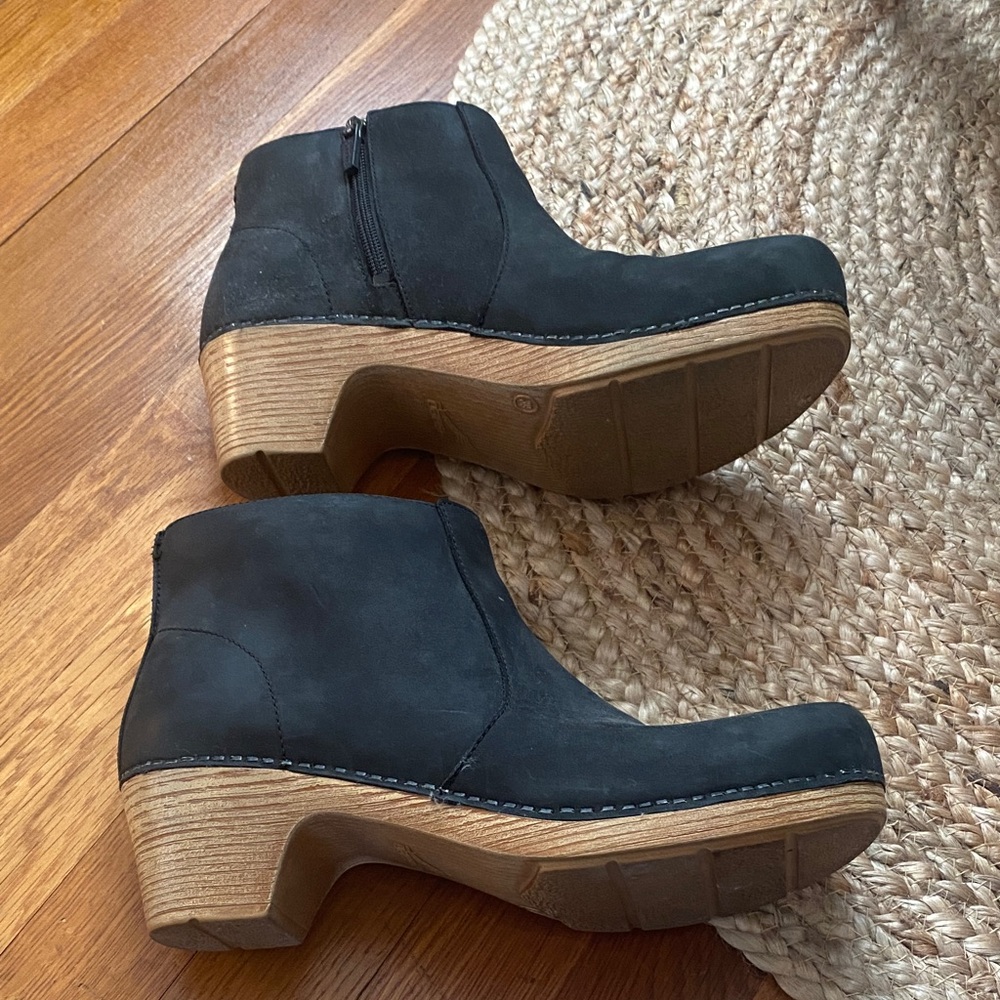 Dansko Black Ankle Booties with Tan Sole